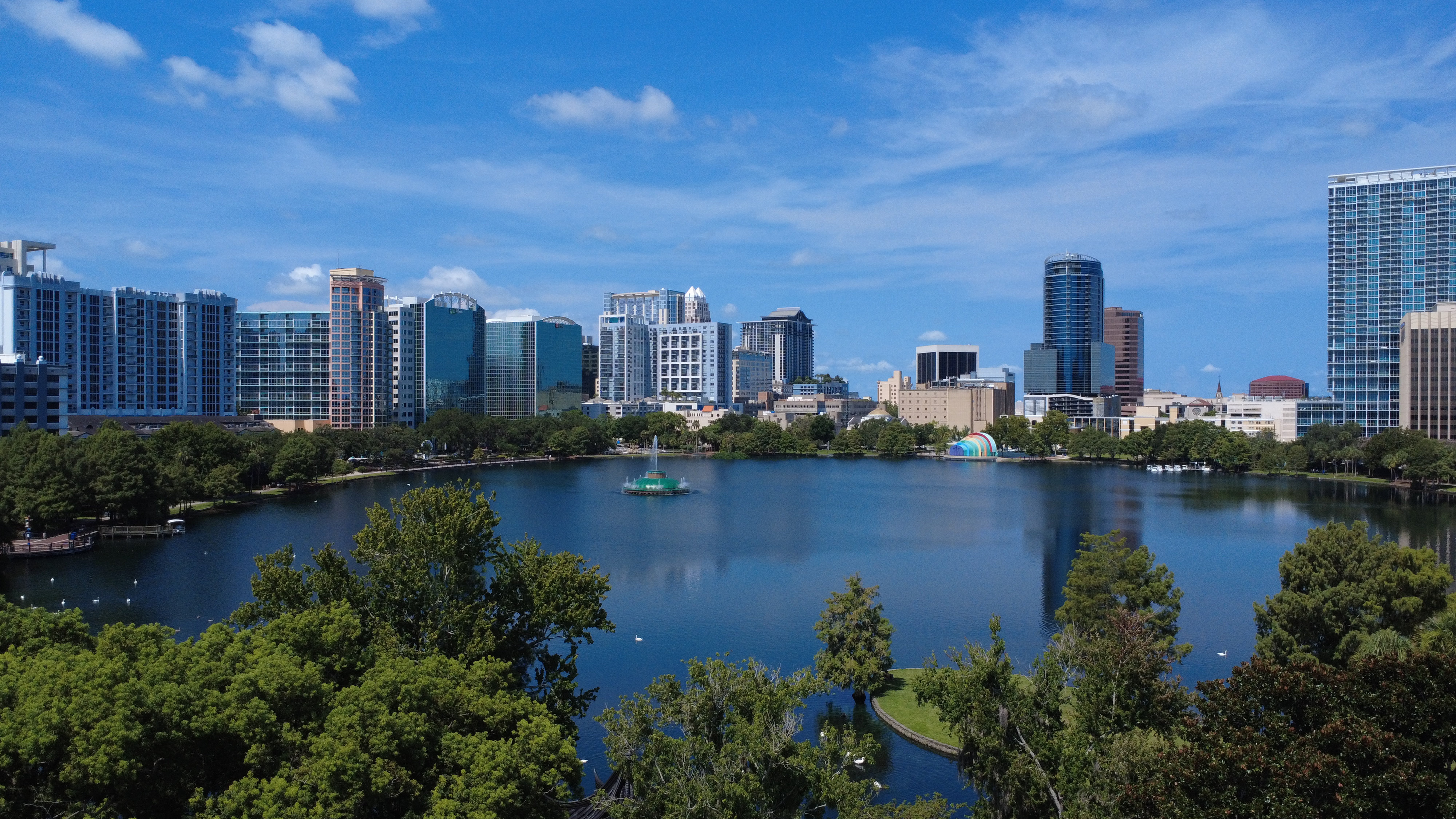 Aerial view of Lake Eola and downtown Orlando skyline