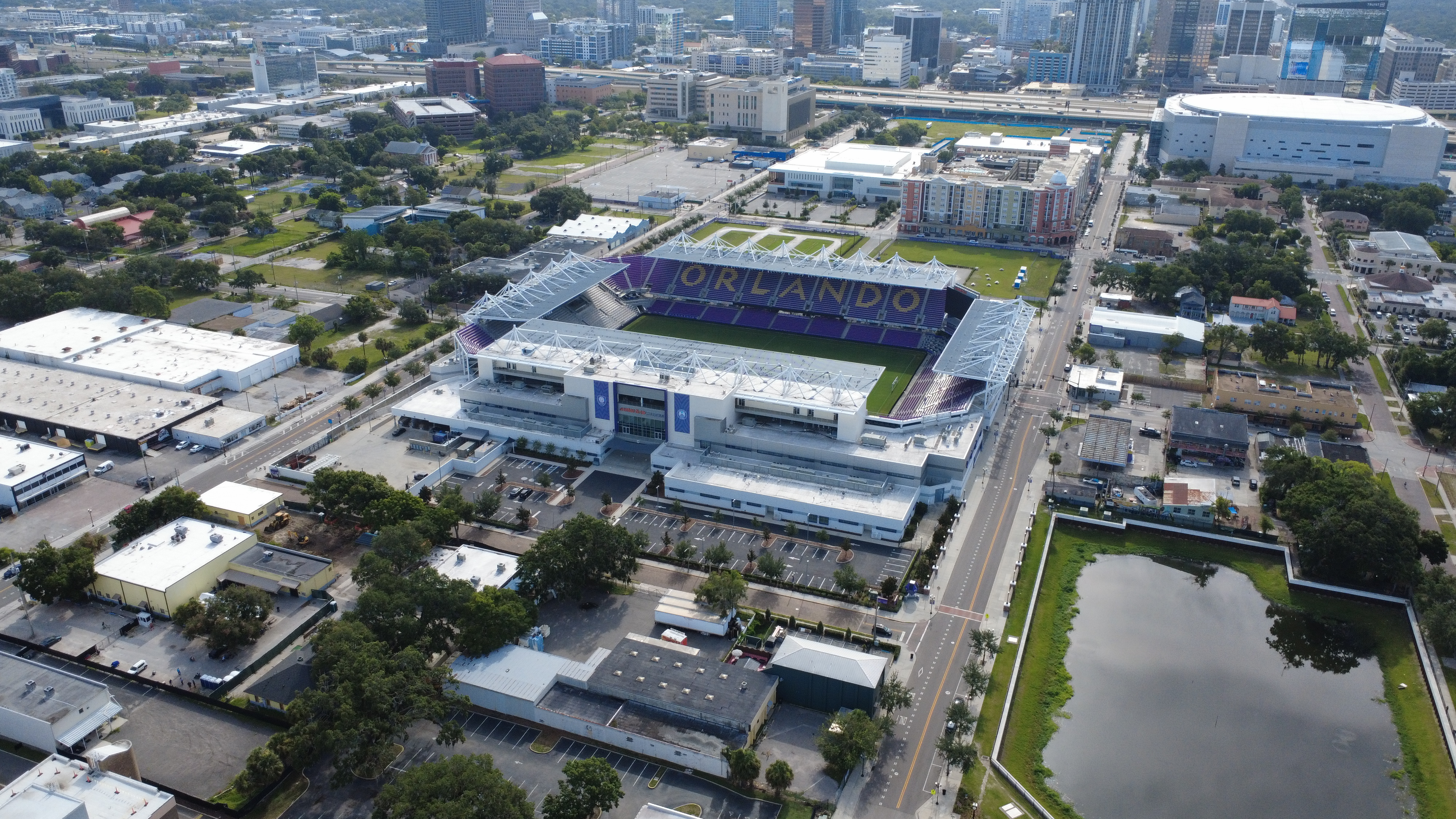 Aerial videography of Orlando stadium and surrounding area