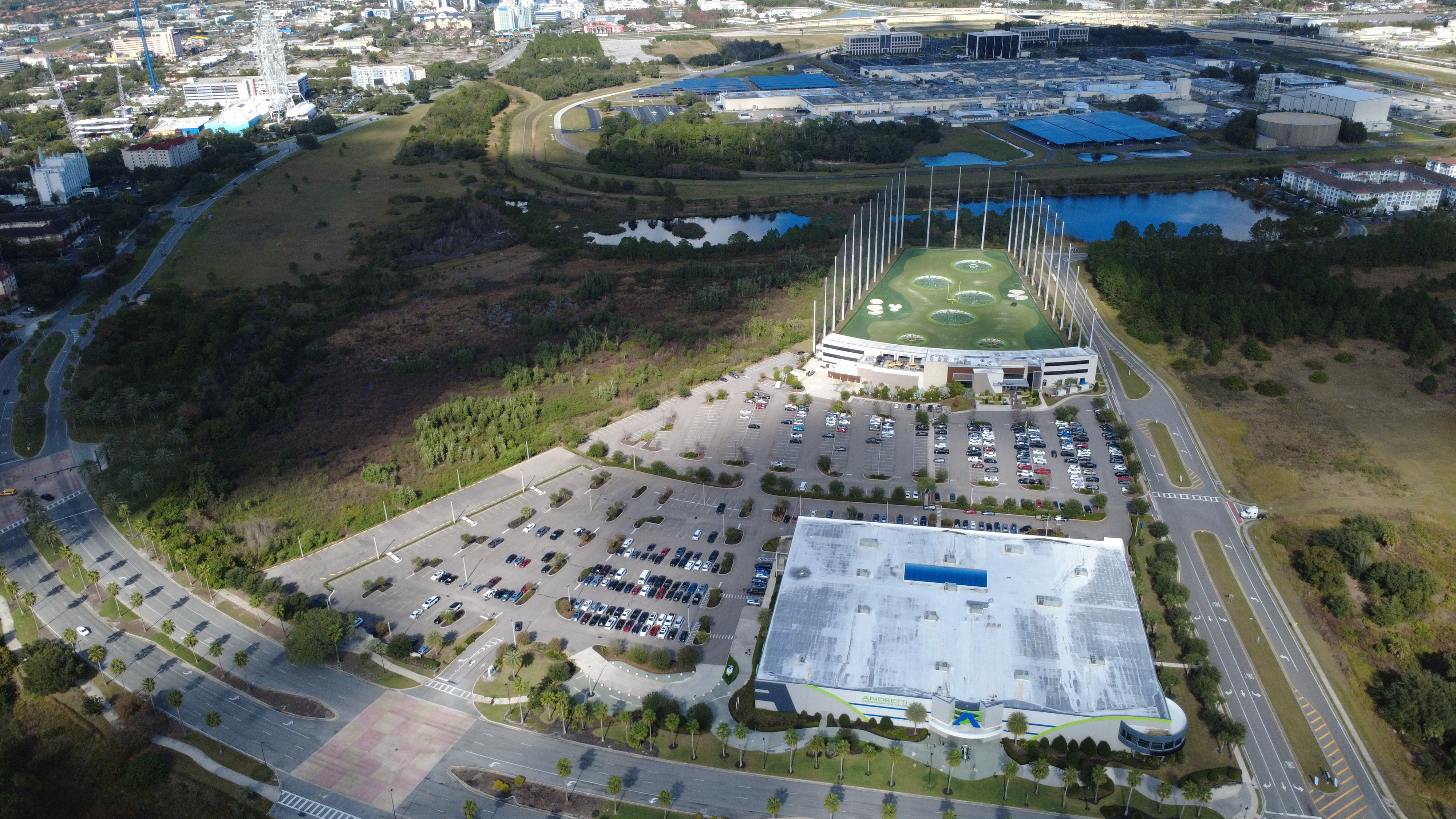 Aerial drone photo of Topgolf Orlando facility